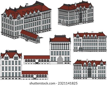 Vintage classic old university mansion building cartoon illustration vector sketch