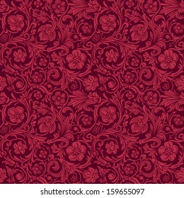 Vintage classic ornamental seamless vector pattern in baroque style. Silhouettes of stylized flowers and leaves in burgundy berry color. Renaissance.