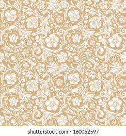 Vintage classic ornamental seamless vector pattern in baroque style. Stylized white flowers and  leaves on a gold background.