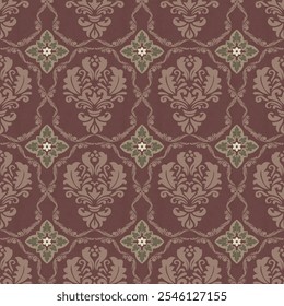 Vintage or classic pattern. The background color is light reddish brown. The beige and green floral patterns are arranged in a grid pattern. It is popularly used for wallpaper or fabric design.