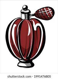 Vintage classic perfume. Beautiful red bottle with a pear in the style of fashion illustration.