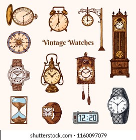 Vintage Classic Pocket Watch, Alarm Clock, Hourglass And Dial Showing Time. Ancient Collection Elements. Engraved Hand Drawn Old Monochrome Sketch.