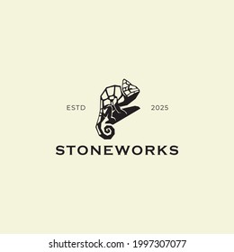 Vintage Classic Retro Chameleon Stone Works Logo Design. Mosaic Sculpture Chameleon Template Vector Creative For Pavement Masonry Exterior Installing Landscaping Construction Industry Company. 