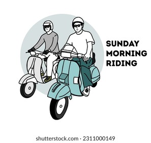 vintage classic scooter, group of people riding classic motorcyle, for phone case or t-shirt design, blue scooter , riding together