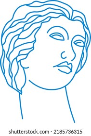 Vintage classic sculpture, antiquity and ancient art heritage of Greece or Rome. Bust of young female character with hair, stone head exhibition. Line art, minimalist sketch. Vector in flat style