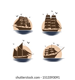 Vintage classic ship sailboat on the ocean with sunset background illustration logo design set