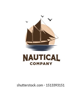 Vintage classic ship sailboat on the ocean with sunset background illustration logo design