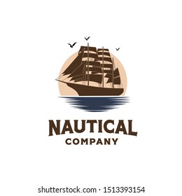 Vintage classic ship sailboat on the ocean with sunset background illustration logo design