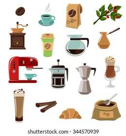 Vintage classic style coffee set flat icons composition with beans grinder and coffeemaker abstract isolated vector illustration