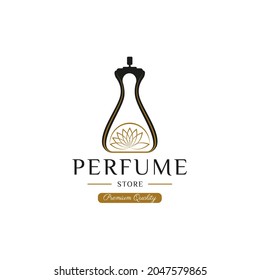 Vintage Classic Style for Perfume Logo Design. With flower, and bottle icon. Luxury, Elegant, and Premium Logo