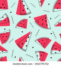 Vintage classic summer line watermelon vector seamless repeat pattern.