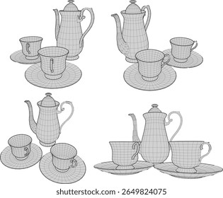 vintage classic teapot and cup design vector sketch illustration for tea party