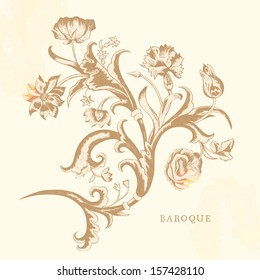 Vintage classic vector design element in the baroque style with different flowers. The composition of carnations, roses and tulips on a light beige background.