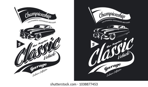 Vintage classic vehicle black and white isolated vector logo. Premium quality old classic car logotype tee-shirt emblem illustration. Los Angeles, California street wear hipster retro tee print desig