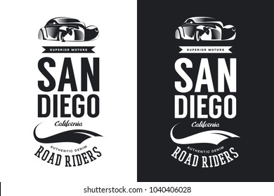 Vintage classic vehicle black and white vector logo isolated. Premium quality retro car logotype tee-shirt emblem illustration. San Diego, California street wear hipster retro tee print design.