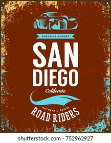 Vintage classic vehicle vector logo isolated on dark background. Premium quality retro car logotype tee-shirt emblem illustration. San Diego, California street wear superior retro tee print design.