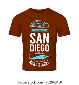 Vintage classic vehicle vector logo on dark t-shirt mock up. Premium quality retro car logotype tee-shirt emblem illustration. San Diego, California street wear superior retro tee print design.