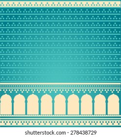 Vintage classical blue Asian henna pattern background with cream oriental temple gates border and space for text