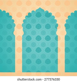 Vintage classical blue and cream Asian lotus and mandala pattern background oriental temple gates