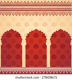 Vintage classical cream Asian lotus and mandala pattern background with red oriental temple gates and henna borders