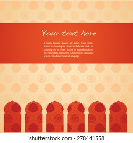 Vintage classical cream Asian lotus and mandala pattern background with red banner for text and oriental temple gate border