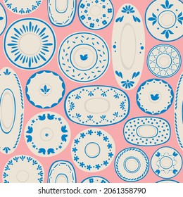 Diseño clásico vintage, decoración de arcilla. Cocina sin fisuras de círculos o placas de cerámica de estilo de dibujos animados planos,