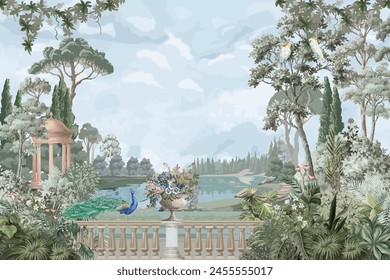 Klassischer Klassikgarten mit Pfau, Baum, See, Vogellandschaft Illustration