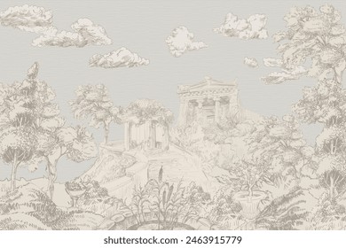 Vintage classical landscape with Roman ruins, palace, garden, tree hand drawn pen sketch illustration