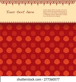 Vintage classical red and orange oriental lotus and mandala pattern background with henna banner for text
