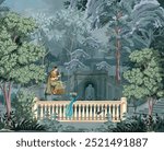 Vintage classical Roman architectural with garden, bird, botanical, peacock, illustration for wallpaper.