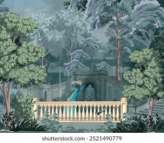 Vintage arquitetura romana clássica com jardim, pássaro, botânica, pavão, ilustração para papel de parede.