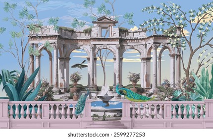 Vintage classical Roman garden, peacock, bird, botanical tree and flower for wallpaper,3d,Illustration.,Marble,Antique,Wall,Arcade.,Background
