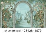 Vintage classical Roman ruins with arch, botanical tree and flower for wallpaper
