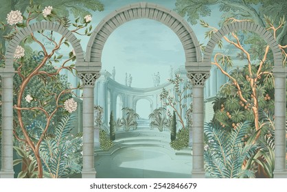 Vintage classical Roman ruins with arch, botanical tree and flower for wallpaper
