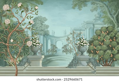 Vintage classical Roman ruins with garden, peacock, bird, botanical tree and flower for wallpaper.