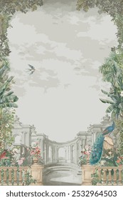 Ruinas romanas clásicas de Antiguas con jardín, pavo real, pájaro, árbol botánico y flor para la ilustración de la Vertical