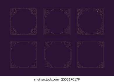 Vintage classical vignette luxury golden frame with corner set vector illustration. Elegant antique swirl calligraphic Victorian ornament decorative border for invitation label cover emblem