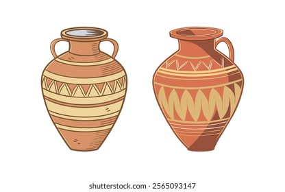 Vintage clay pottery illustration with traditional patterns and earthy tones in rustic style