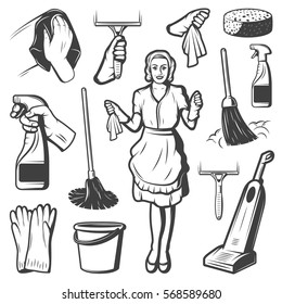 Vintage Cleaning Service Elements Collection With Maid Brush Bucket Broom Sponge Gloves Hoover Spray Isolated Vector Illustration