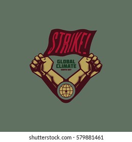 Vintage climate change propaganda logo and elements. human hand fist and banner. Isolated artwork object. Suitable for and any print media need.