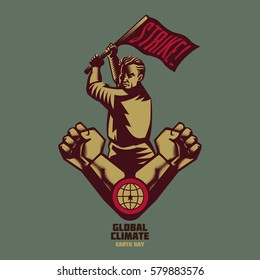 Vintage Climate change propaganda logo and elements. human hand fist and man holding flag. Isolated artwork object. Suitable for and any print media need.