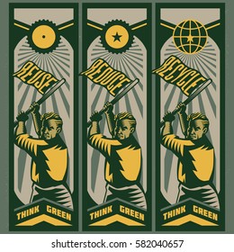 Vintage Climate change propaganda poster, logo and elements. Man holding flag or banner with Reuse-Reduce-Recycle tagline. Isolated artwork object. Suitable for and any print media need.