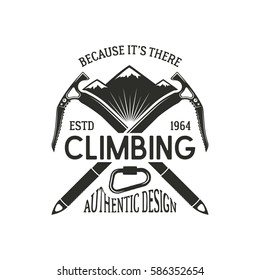 Vintage climbing badge. Climbing logo, vintage vector emblem. Climb gear - carabiner and text. Retro t shirt design. Old style illustration. Climbing insignia.