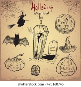 Vintage clip art. Collection of scary objects for Halloween design.Hand drawn style.Vector illustration