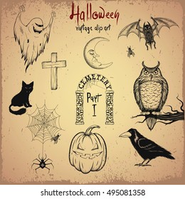 Vintage clip art. Collection of terrible animals and objects for Halloween design.Hand drawn style.Vector illustration