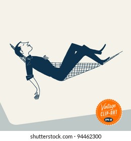 Vintage Clip Art - Man relaxing in Hammock - Vector EPS10.