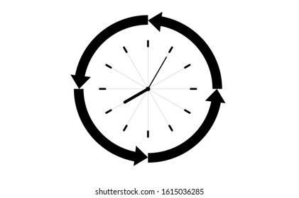Vintage clock with arrow icon. Time icon consist of two hand clock and four arrow. Clock work hours at 8 a.m icon.