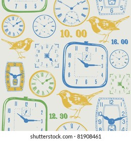 vintage clock and bird. seamless design