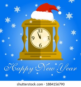 vintage clock with a Christmas cap showing five minutes to twelve and a greeting inscription among snowflakes on a blue background. cute new year sticker. vector