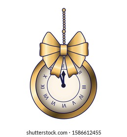 vintage clock with decorative bow icon over white background, colorful design, vector illustration